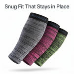 Three athletic compression sleeves floating on a white background, labeled 'Snug Fit That Stays in Place' at the top. The sleeves are shown in gray/black, pink, and green heathered patterns, with the brand name 'RONNOX' visible on the black cuffs.