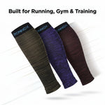 Three athletic compression sleeves from Ronnox are shown floating against a white background with diagonal light streaks. The top of each sleeve features a black band with the brand name 'RONNOX' in blue.