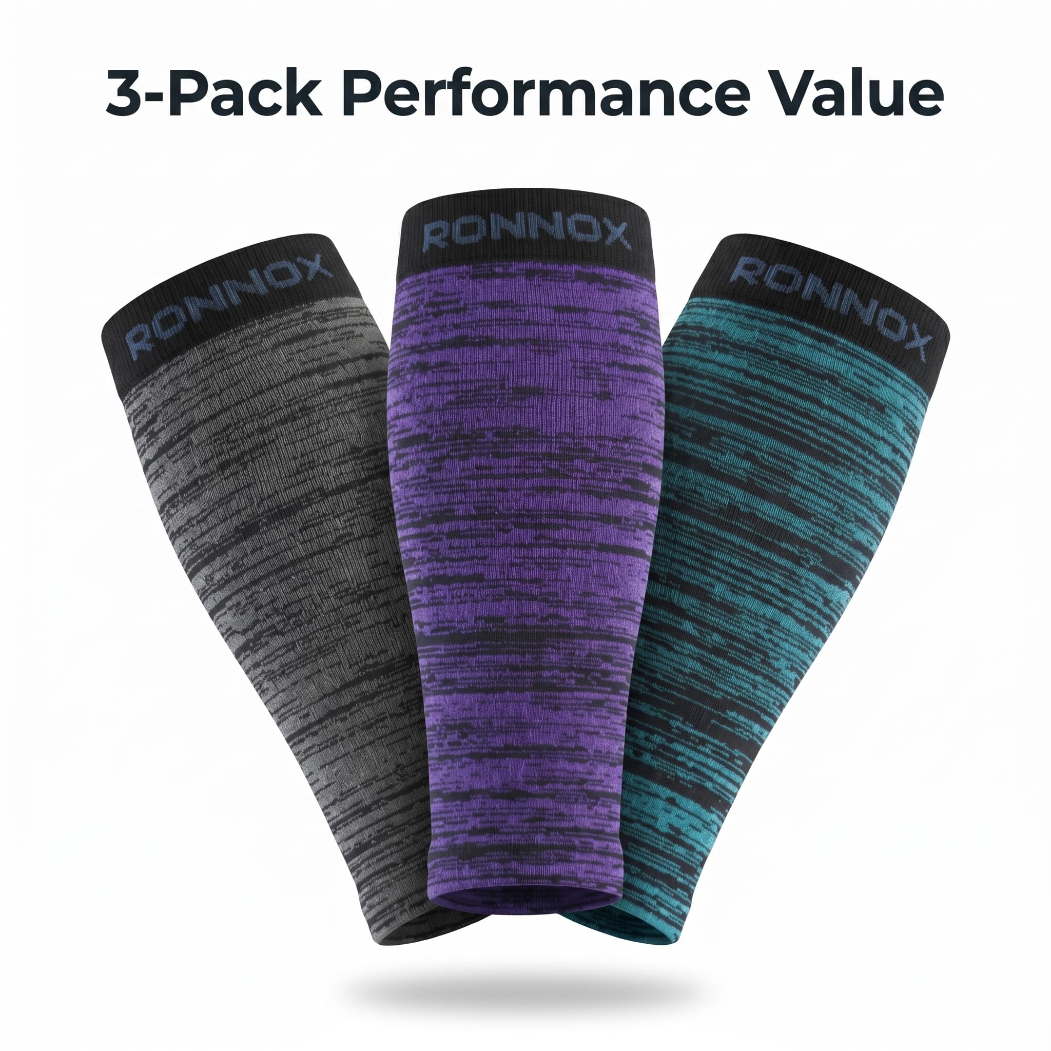 Three athletic compression sleeves from Ronnox shown in a 3-pack on a white background with the text '3-Pack Performance Value' at the top. The sleeves feature heathered knit patterns in black/gray, purple, and teal.