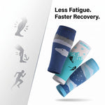 Three athletic compression sleeves with winter-themed graphics are shown floating on a white background with promotional text reading 'Less Fatigue. Faster Recovery.