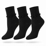 Three black ankle socks with a ruffled trim at the cuff, shown in a three-pack on a white background.