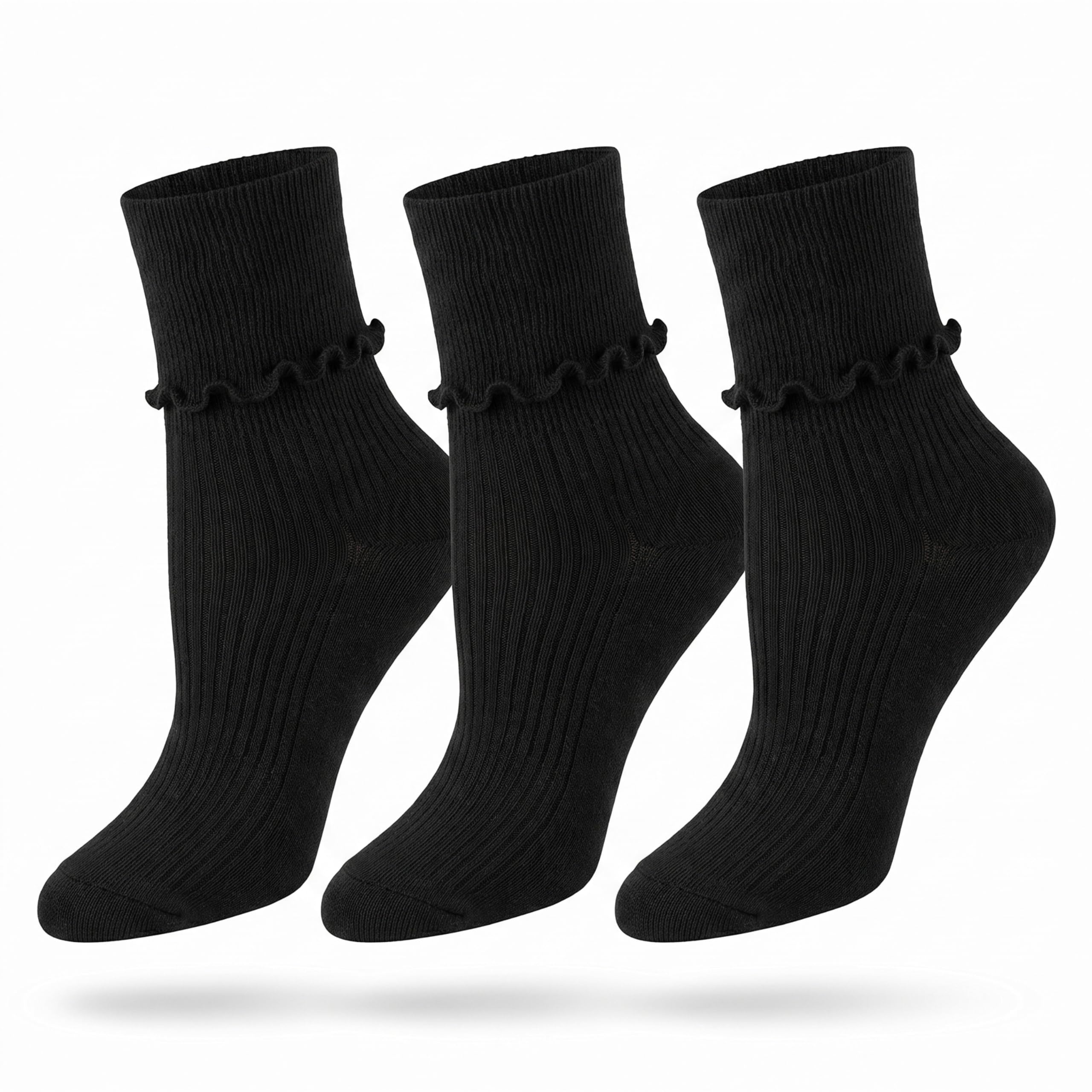 Three black ankle socks with a ruffled trim at the cuff, shown in a three-pack on a white background.