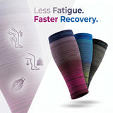 Three compression calf sleeves by Ronnox are shown floating on a white background with promotional text reading 'Less Fatigue. Faster Recovery.