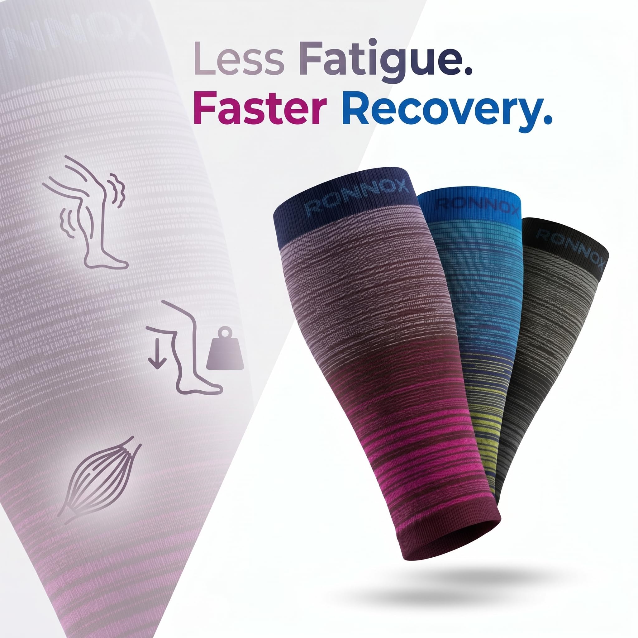 Three compression calf sleeves by Ronnox are shown floating on a white background with promotional text reading 'Less Fatigue. Faster Recovery.