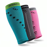 Three compression calf sleeves by Ronnox are shown overlapping on a white background. The front sleeve is teal with black polka dots and a lime green top band.