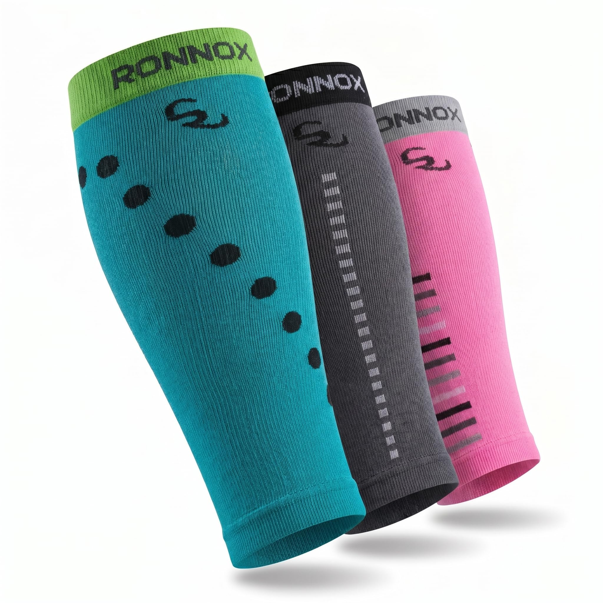 Three compression calf sleeves by Ronnox are shown overlapping on a white background. The front sleeve is teal with black polka dots and a lime green top band.