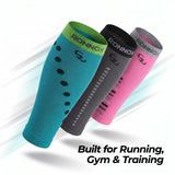 Three compression calf sleeves from Ronnox are shown floating diagonally on a white background with light streaks. The sleeves are in teal with black dots, dark gray with black stripes, and pink with black stripes.