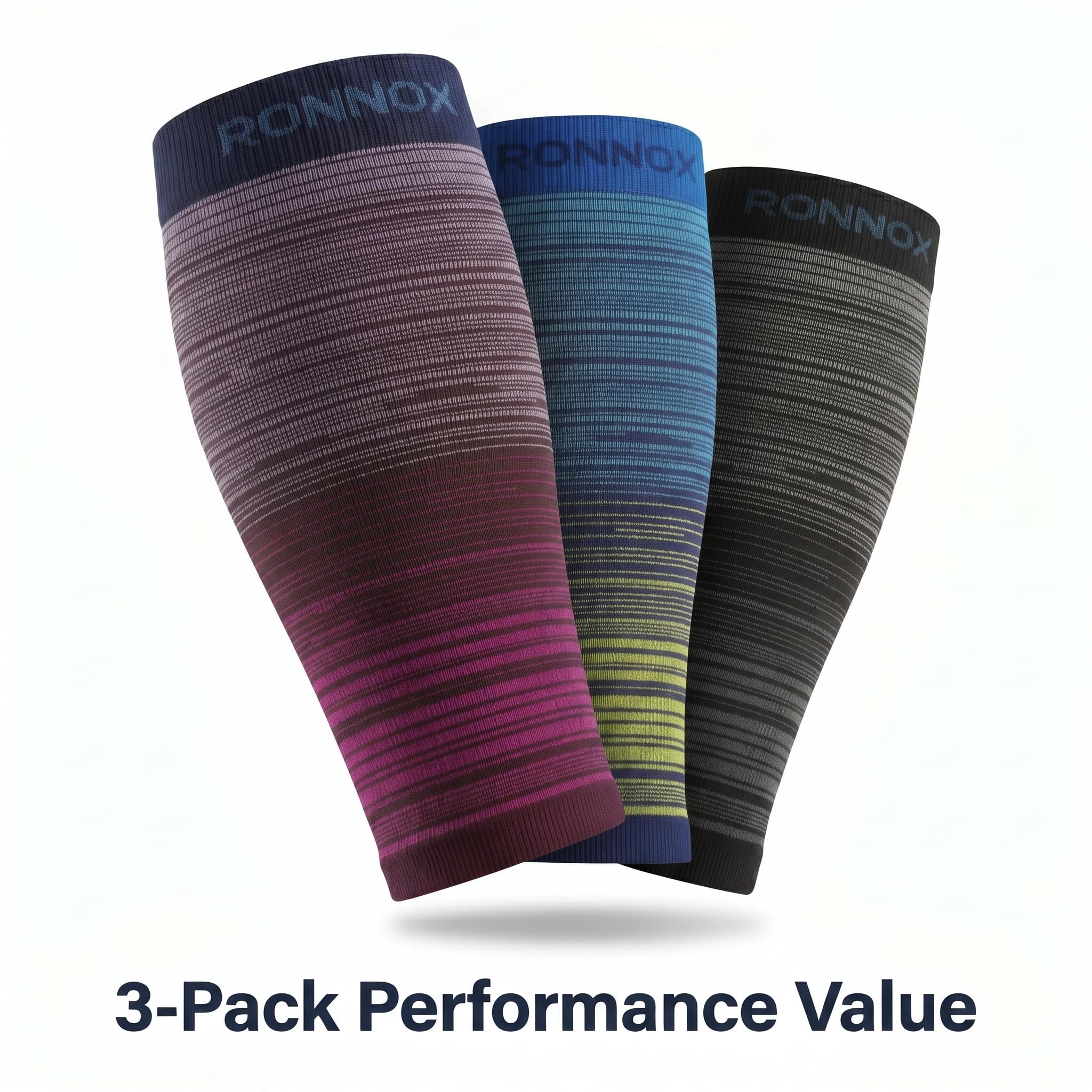 Three compression calf sleeves from Ronnox are shown in a 3-pack against a white background, with text at the bottom reading '3-Pack Performance Value'. The sleeves feature gradient designs in purple, blue, and black.