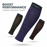 Three compression calf sleeves from Ronnox floating on a white background, with marketing text at the top left reading 'BOOST PERFORMANCE Targeted Compression Support.' The center sleeve is purple heathered and largest, flanked by a dark charcoal sleeve on the left and a dark brown sleeve on the right.