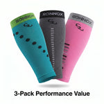 Three compression calf sleeves from Ronnox shown in teal, gray, and pink, arranged in a fan shape on a white background with the text '3-Pack Performance Value' below.