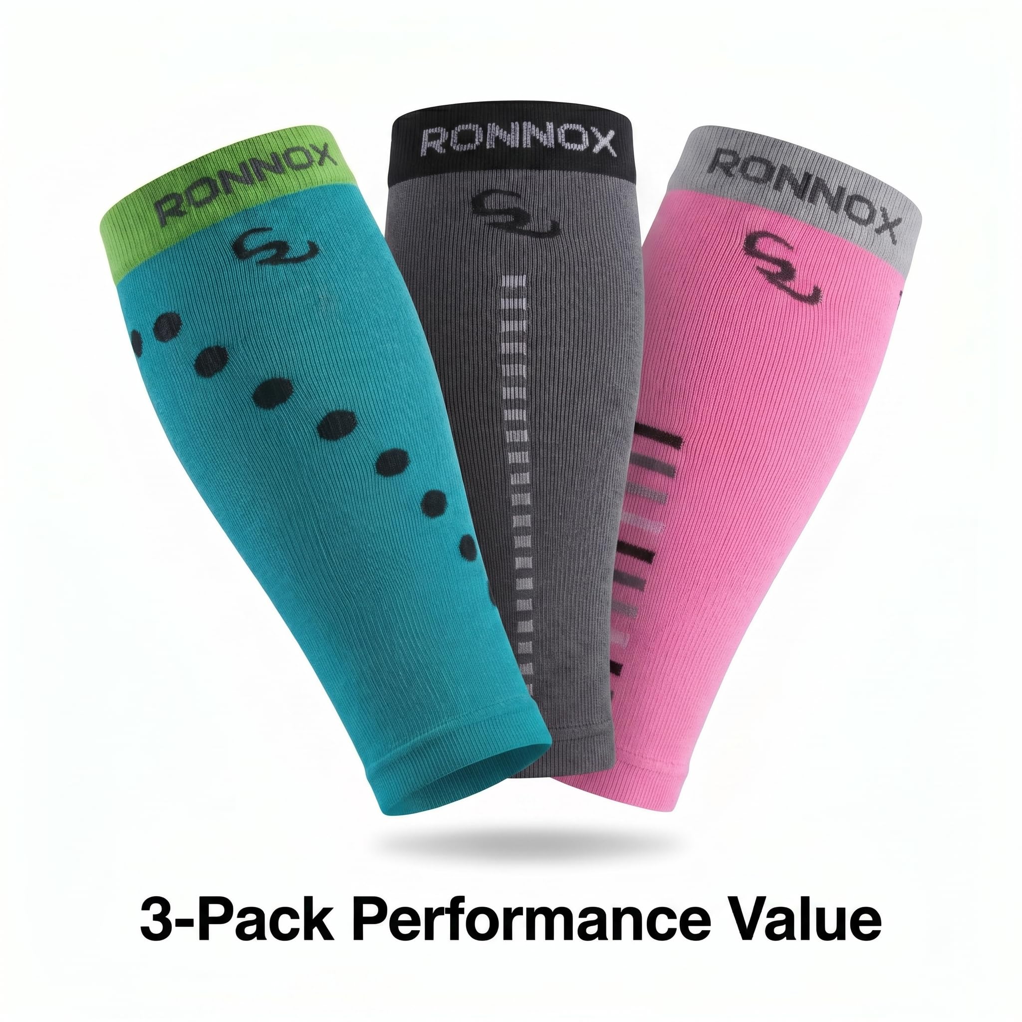 Three compression calf sleeves from Ronnox shown in teal, gray, and pink, arranged in a fan shape on a white background with the text '3-Pack Performance Value' below.