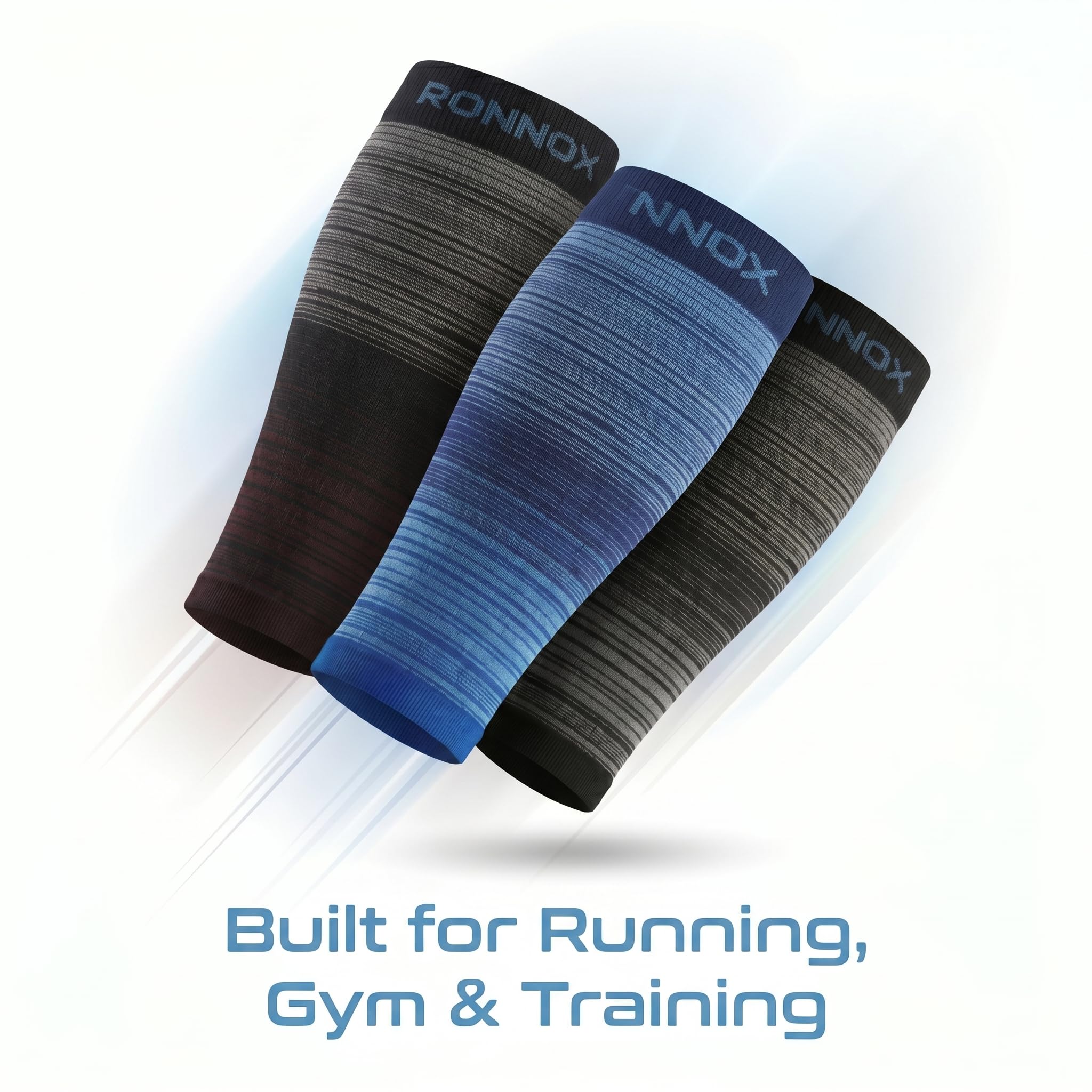 Three compression sleeves from RONNOX are shown floating against a white background with light effects and the text 'Built for Running, Gym & Training' at the bottom. The sleeves feature horizontal striped patterns in black, gray, and blue, with the brand name visible on the top cuffs.