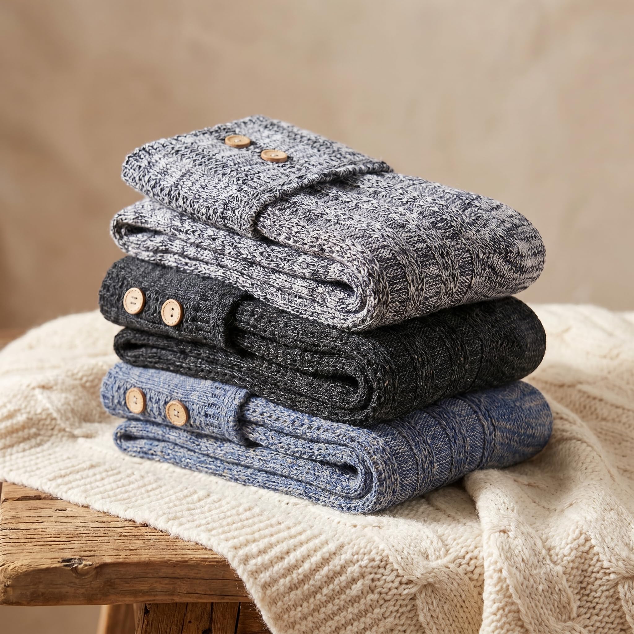 Three folded knit cardigans stacked on a cream cable-knit blanket over a rustic wooden table. The cardigans are heathered in gray, charcoal, and blue-gray tones, each with three light wood buttons.