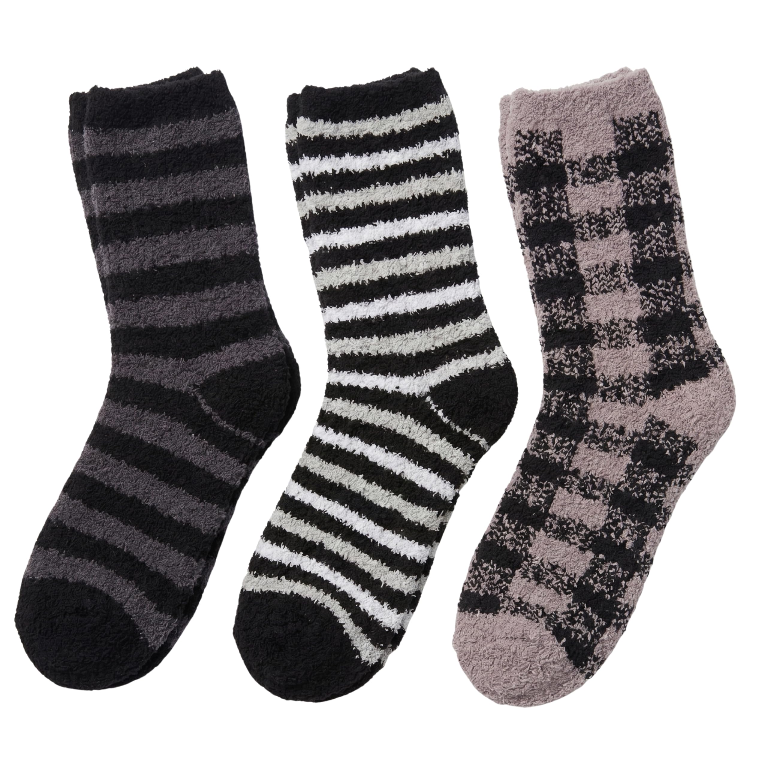Three fuzzy crew socks shown on a plain white background: one dark gray and black striped, one black and white striped, and one taupe and black checkered pattern.