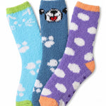 Three fuzzy socks arranged together on a white background: a light blue sock with white paw prints and a green toe/heel, a medium blue sock with a black-and-white bear face and white paw prints, and a purple sock with white polka dots and an orange toe/heel.