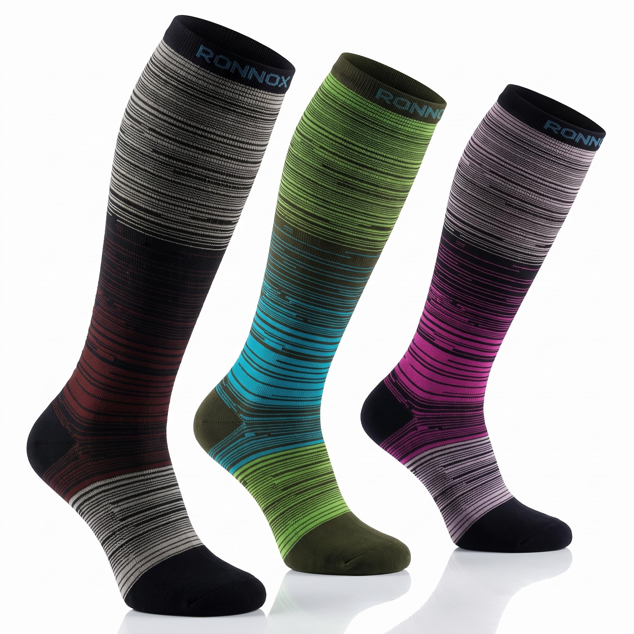 Three knee-high athletic socks displayed on invisible forms against a white background, featuring horizontal striped patterns in different colorways: black, gray, and red on one sock; green, blue, and olive on the middle; and purple, gray, and black on the right. The brand name 'RONNOX' is visible on the top cuff of each sock.