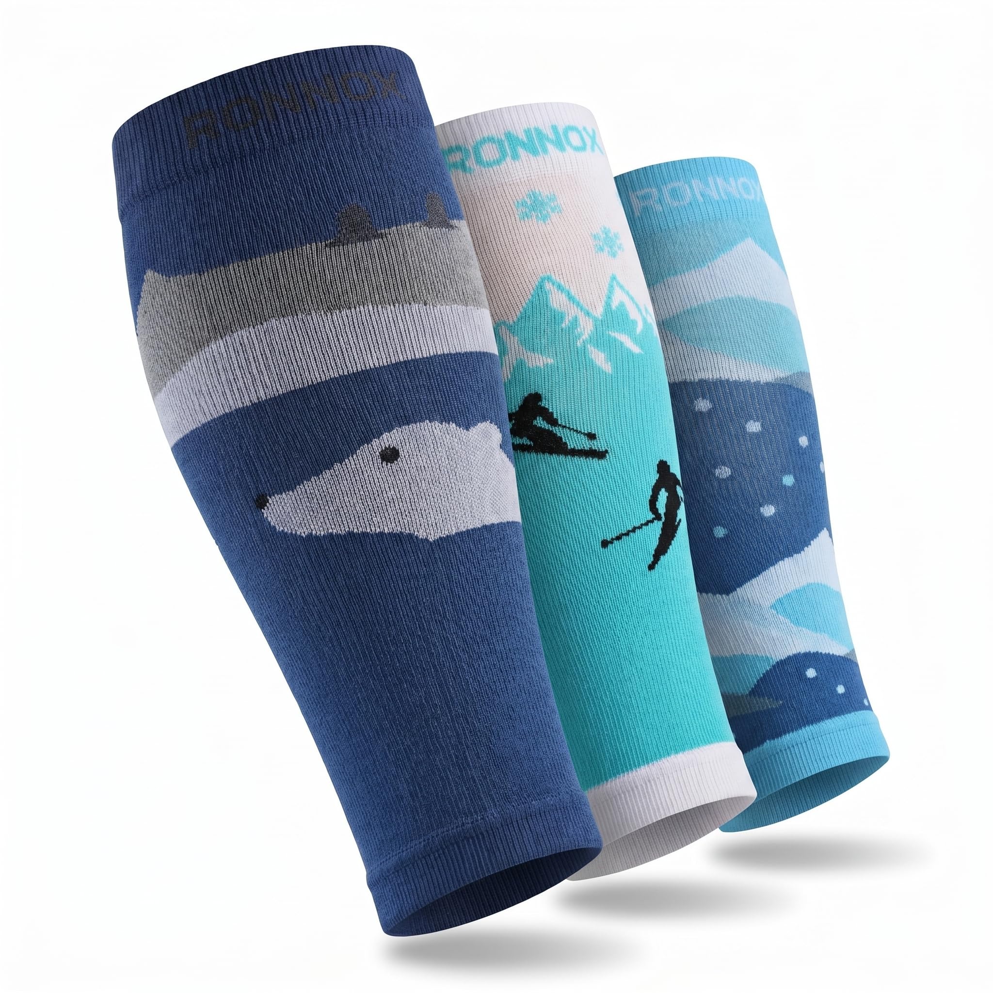 Three knee-high compression socks with winter sports designs, displayed in a fan arrangement on a white background. The left sock is dark blue with a polar bear graphic and the brand name 'RONNOX' at the top.