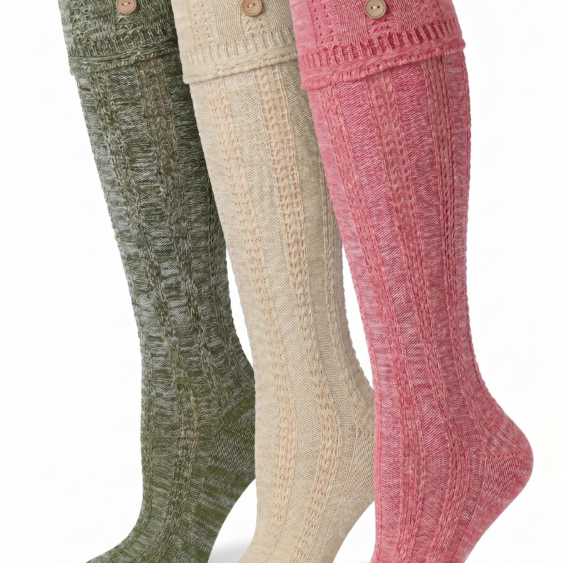 Three knee-high ribbed socks in olive green, cream, and dusty pink, each featuring two decorative buttons near the cuff, displayed against a plain white background.