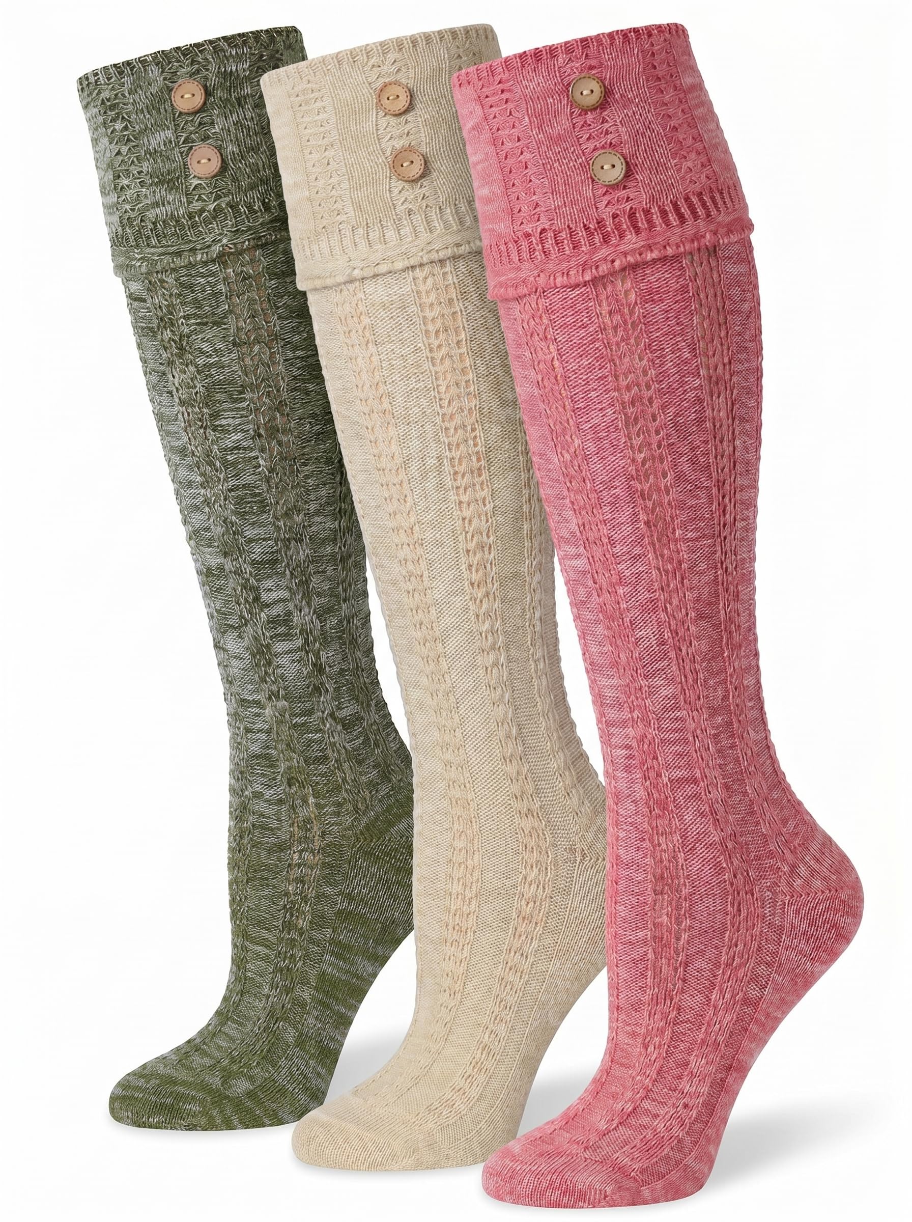 Three knee-high ribbed socks in olive green, cream, and dusty pink, each featuring two decorative buttons near the cuff, displayed against a plain white background.