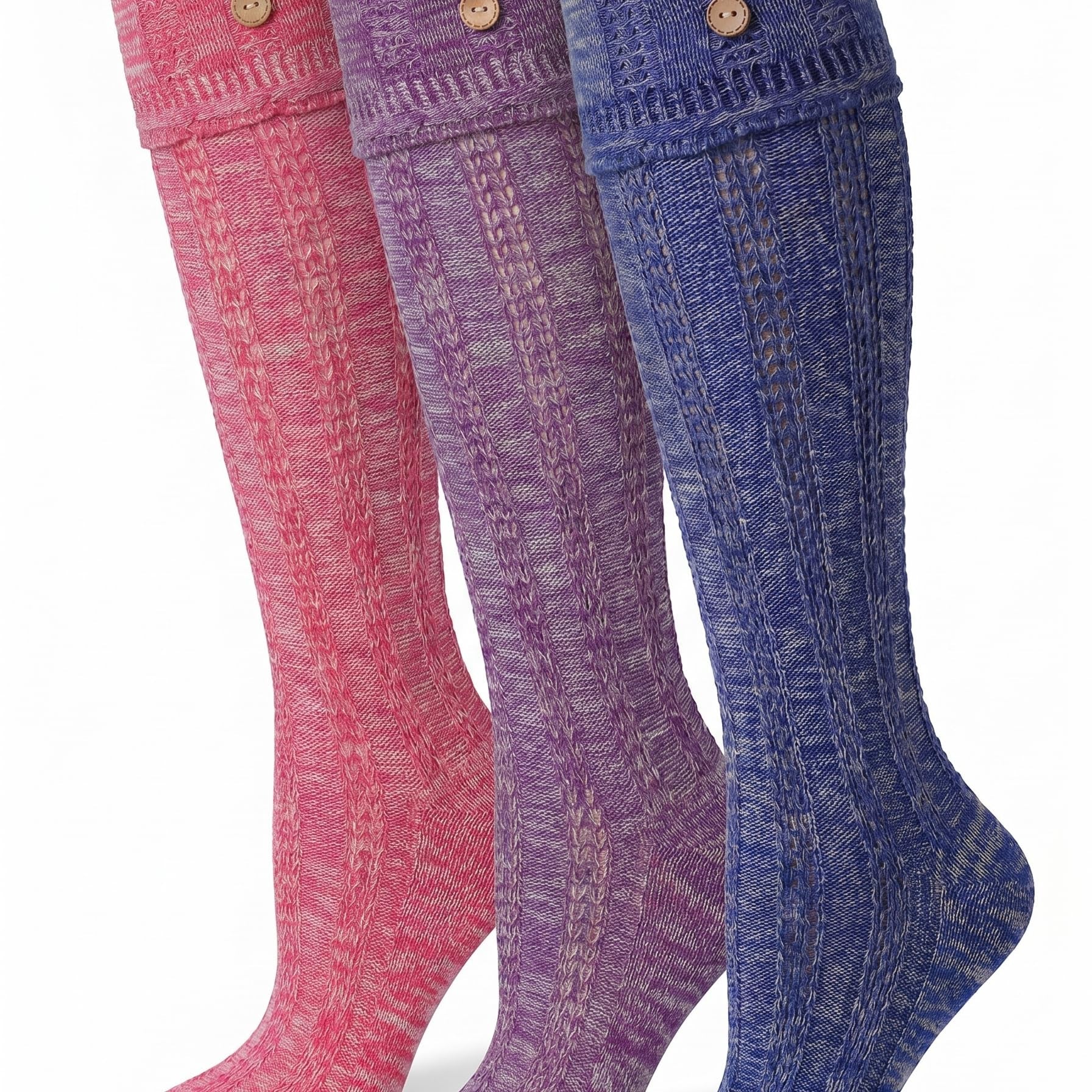 Three knee-high ribbed socks in pink, purple, and blue heathered knit, each with two decorative wooden buttons near the top cuff, shown on a white background.