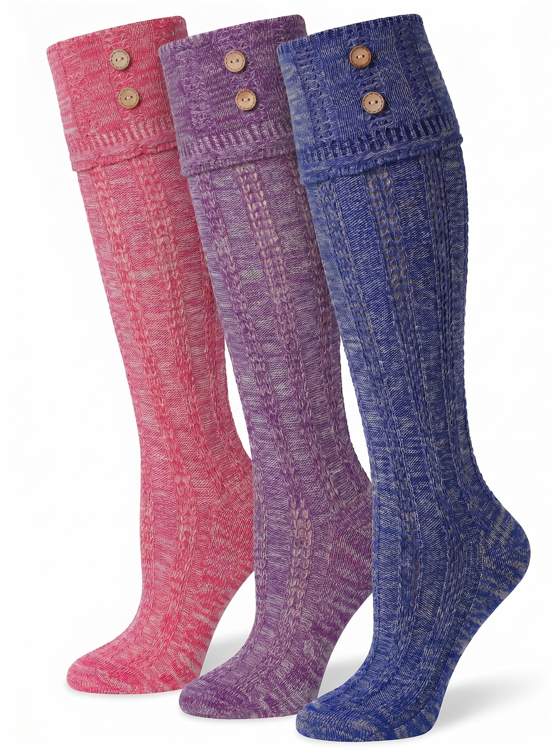 Three knee-high ribbed socks in pink, purple, and blue heathered knit, each with two decorative wooden buttons near the top cuff, shown on a white background.