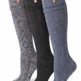 Three knee-high ribbed socks with decorative buttons at the top, shown in heather gray, charcoal, and slate blue on a white background.
