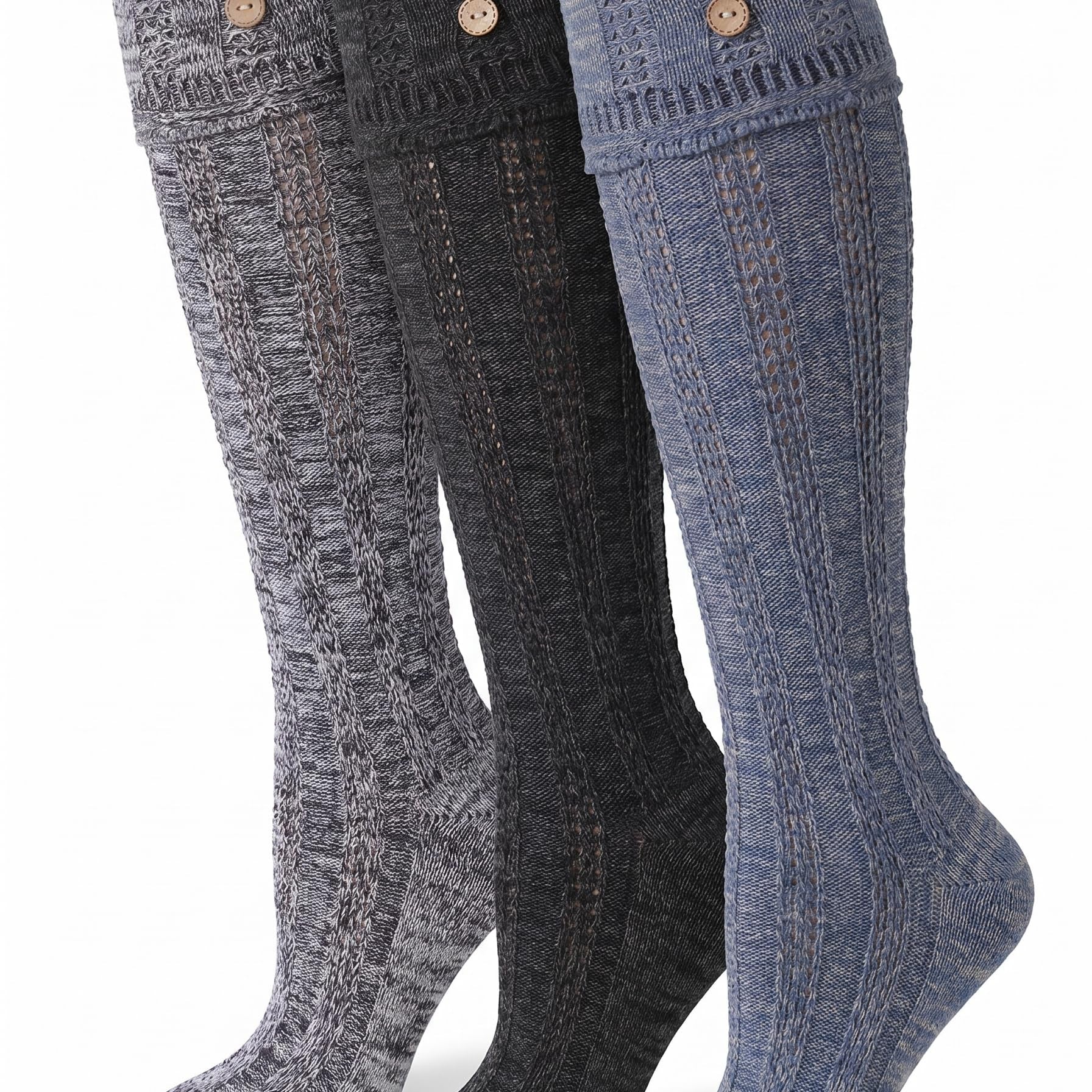 Three knee-high ribbed socks with decorative buttons at the top, shown in heather gray, charcoal, and slate blue on a white background.