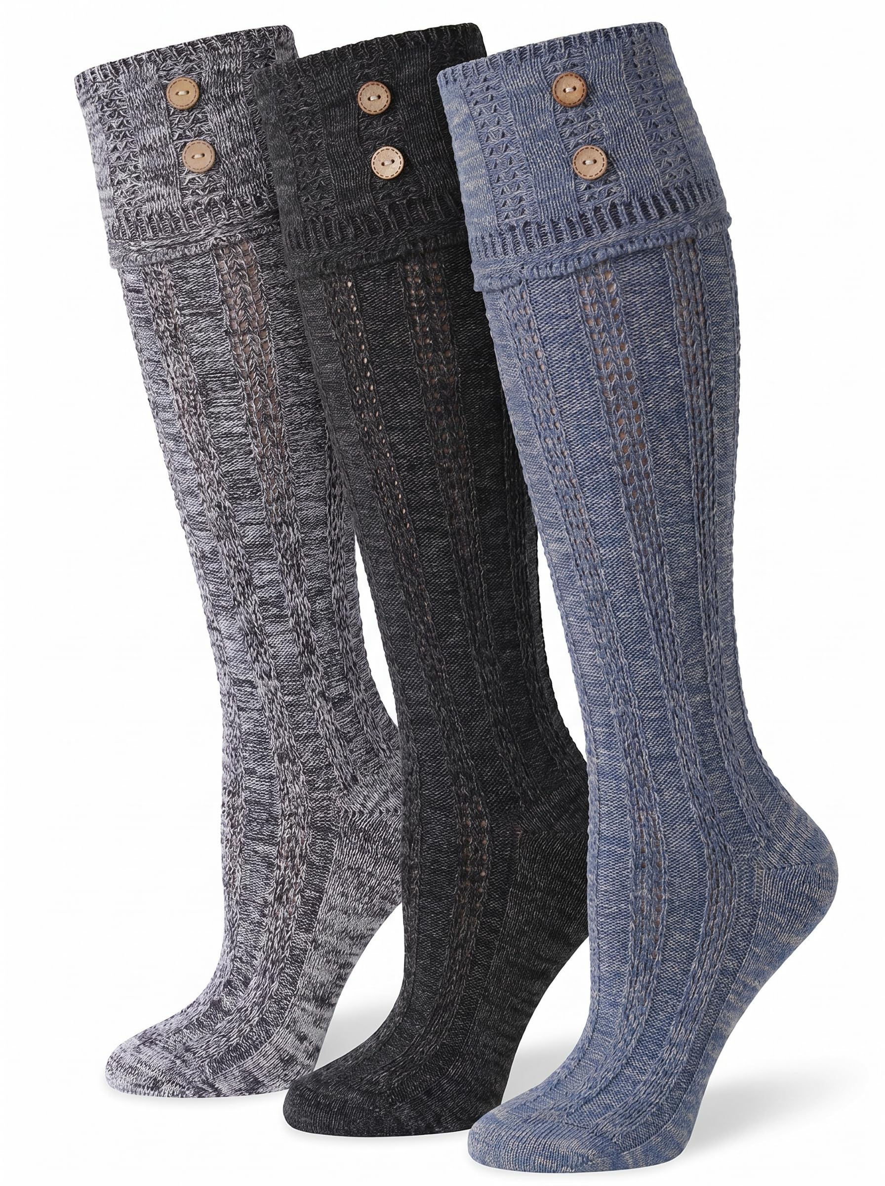 Three knee-high ribbed socks with decorative buttons at the top, shown in heather gray, charcoal, and slate blue on a white background.