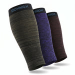 Three knit compression sleeves from Ronnox displayed diagonally on a white background. The sleeve on the left is heathered dark olive green, the middle sleeve is heathered purple, and the sleeve on the right is heathered dark brown.