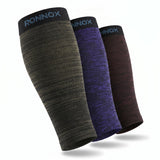 Three knit compression sleeves from Ronnox displayed diagonally on a white background. The sleeve on the left is heathered dark olive green, the middle sleeve is heathered purple, and the sleeve on the right is heathered dark brown.