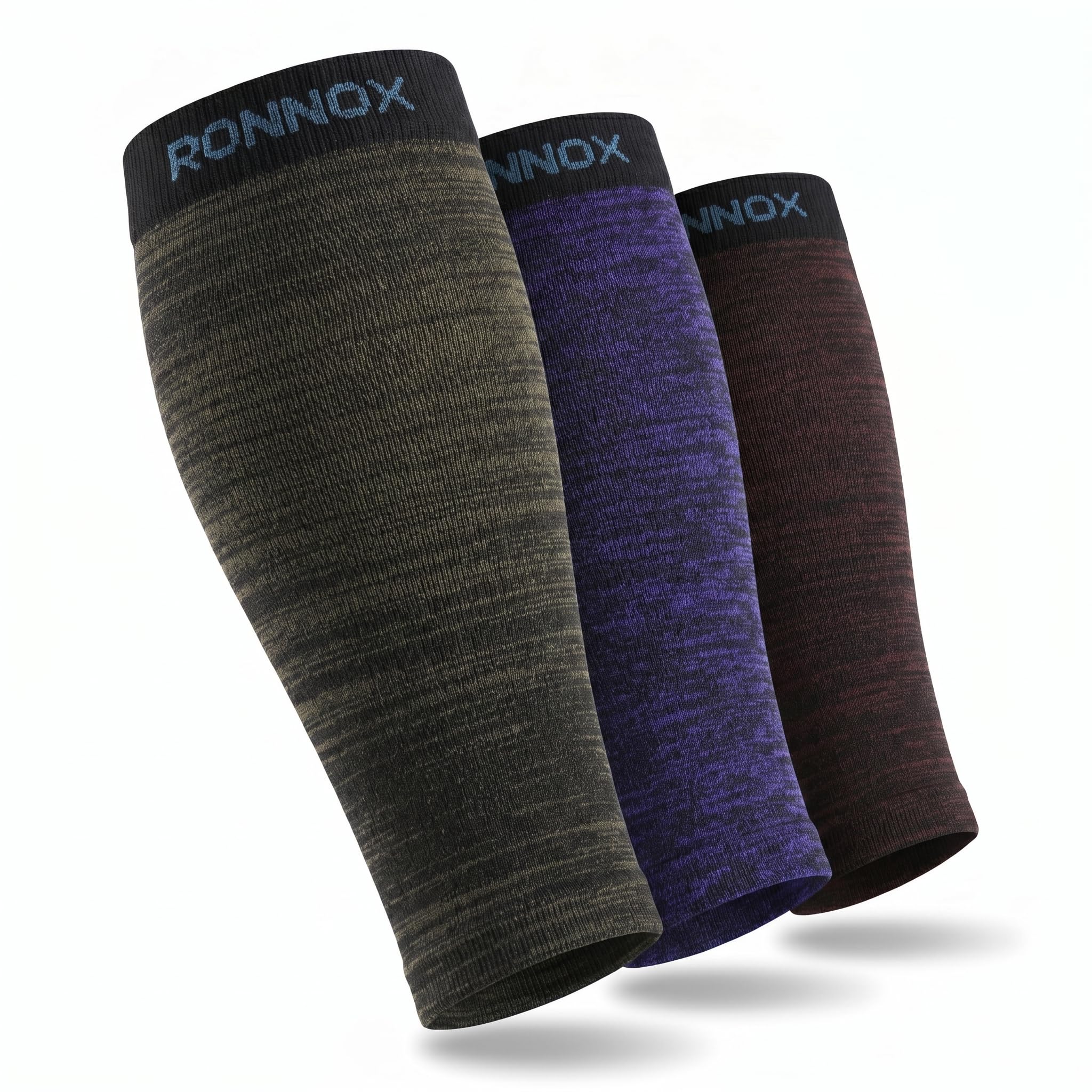 Three knit compression sleeves from Ronnox displayed diagonally on a white background. The sleeve on the left is heathered dark olive green, the middle sleeve is heathered purple, and the sleeve on the right is heathered dark brown.