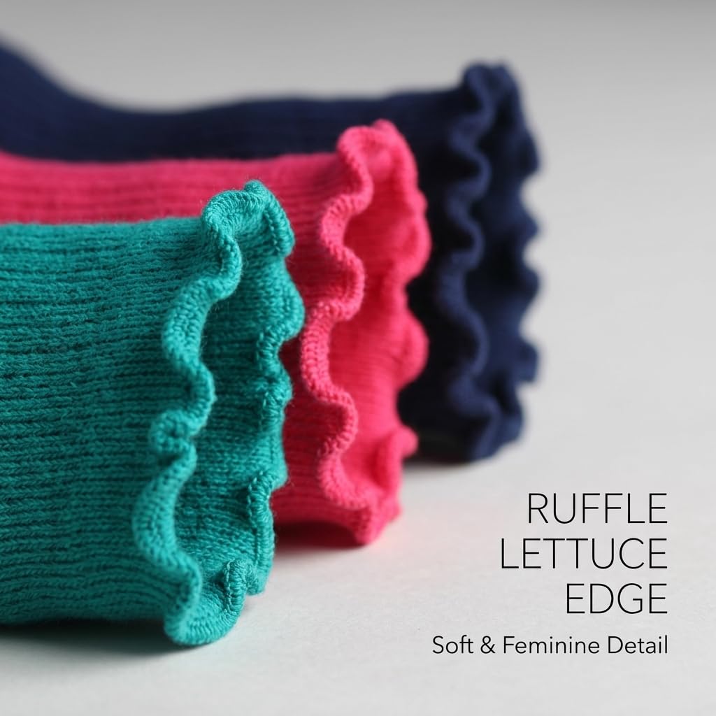 Three knitted cuff socks with ruffled edges in teal, hot pink, and navy blue, arranged diagonally on a light gray background with text reading 'RUFFLE LETTUCE EDGE Soft & Feminine Detail'.
