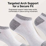 Three low-cut white athletic socks with gray arch and toe support zones, shown against a light beige background with promotional text about targeted arch support.