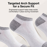 Three low-cut white athletic socks with gray arch and toe support zones, shown against a light beige background with promotional text about targeted arch support.