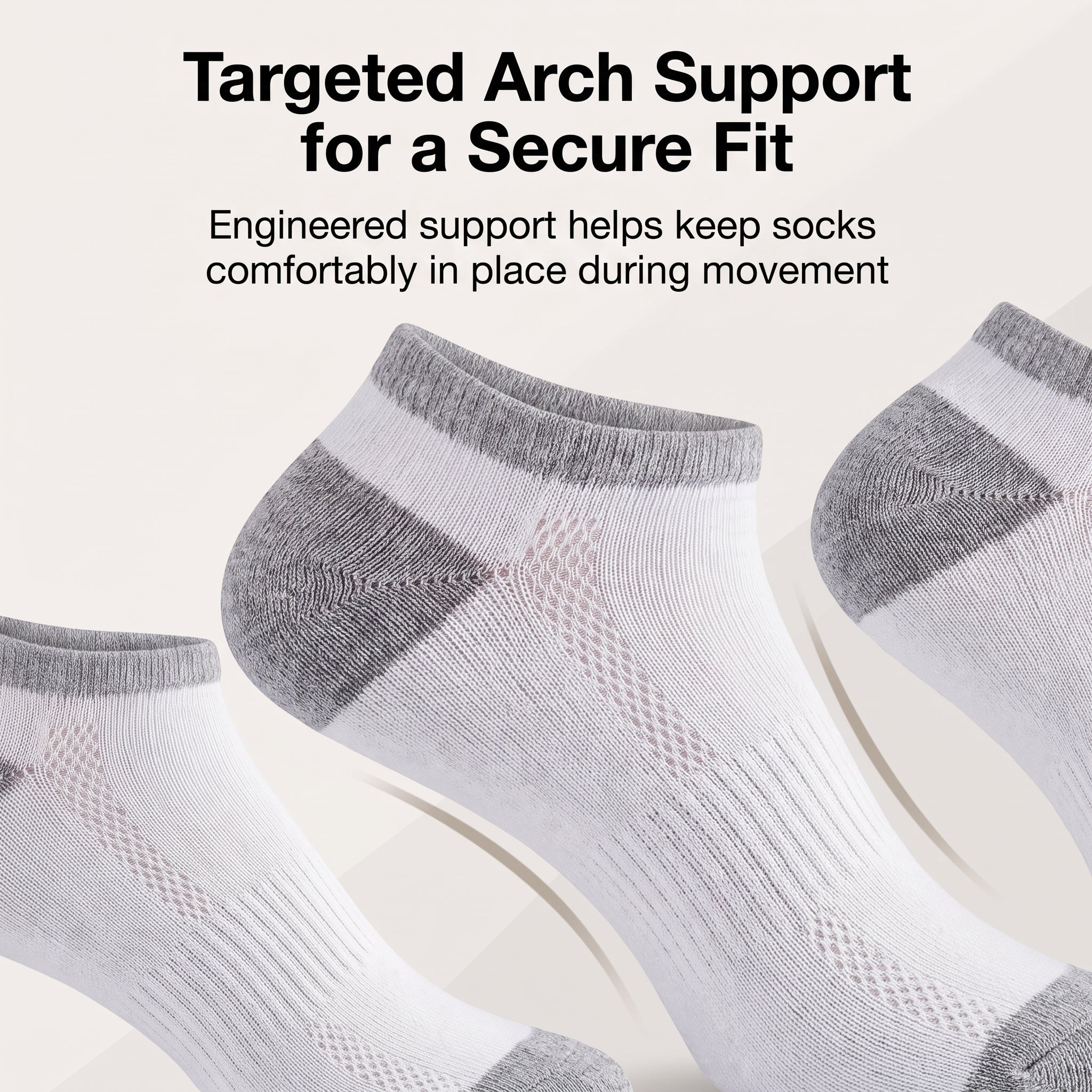 Three low-cut white athletic socks with gray arch and toe support zones, shown against a light beige background with promotional text about targeted arch support.