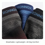 Three pairs of RONNOX athletic socks shown in a close-up studio shot: one dark brown, one blue, and one black, all with striped knit bodies and the brand name visible on the cuff. Text below reads 'Breathable • Lightweight • All-Day Comfort'.