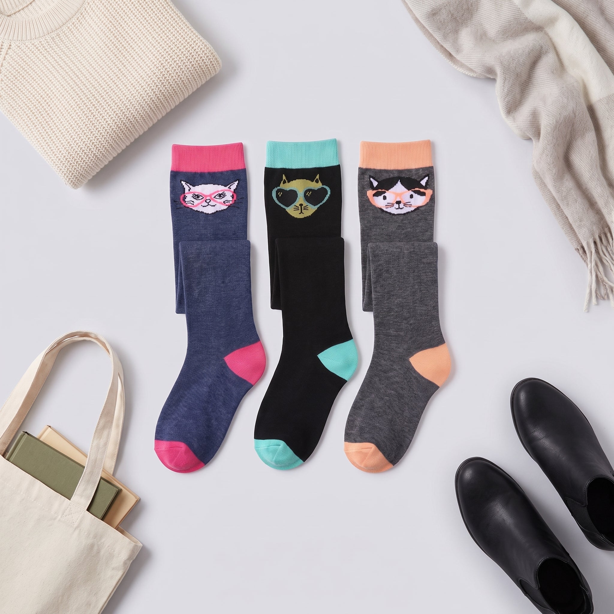 Three pairs of ankle socks with cat face graphics are displayed in a styled flat-lay arrangement with a cream sweater, scarf, tote bag, and black shoes on a light gray background.
