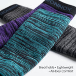 Three pairs of athletic arm warmers with a heathered stripe pattern, shown overlapping on a white background. The visible colors are teal and black, purple and black, and gray and black.