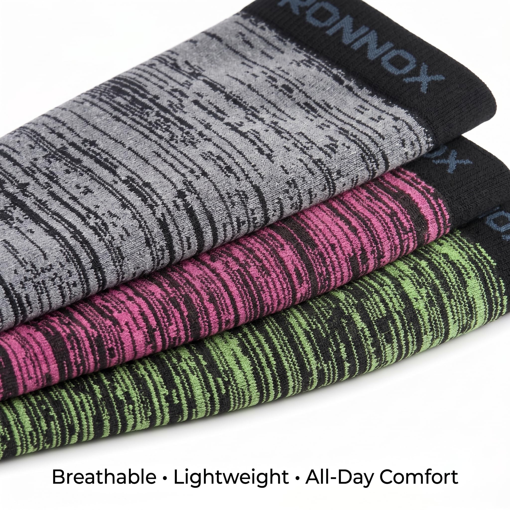Three pairs of athletic compression sleeves stacked diagonally on a white background, featuring a gray/black pattern, a pink/black pattern, and a green/black pattern. The top pair has 'RONNOX' printed on the cuff.