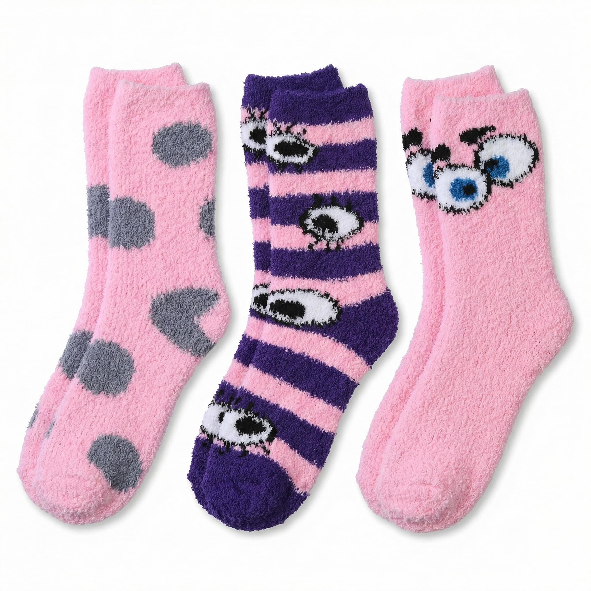 Three pairs of cartoon-themed socks in pink, purple, and gray on a white background.