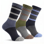 Three pairs of crew socks displayed together on a white background. The socks feature horizontal striped patterns in various colorways: navy, gray, and olive green, with solid color sections on the heels, toes, and heels in navy, gray, and light blue.