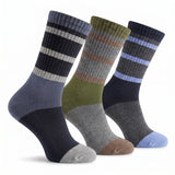 Three pairs of crew socks displayed together on a white background. The socks feature horizontal striped patterns in various colorways: navy, gray, and olive green, with solid color sections on the heels, toes, and heels in navy, gray, and light blue.
