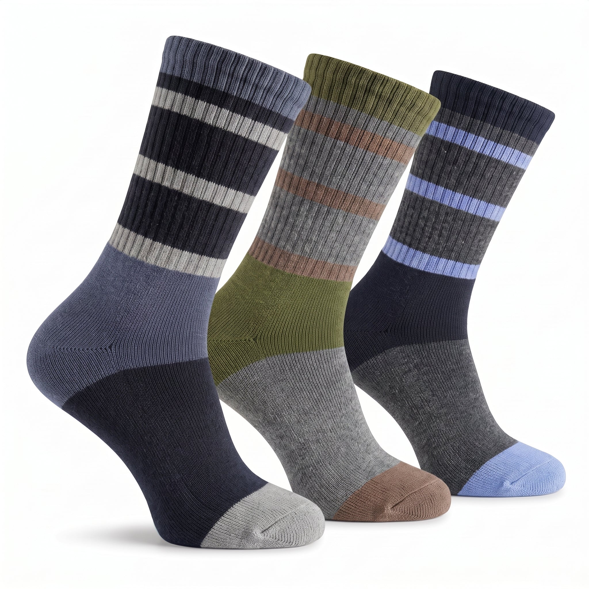 Three pairs of crew socks displayed together on a white background. The socks feature horizontal striped patterns in various colorways: navy, gray, and olive green, with solid color sections on the heels, toes, and heels in navy, gray, and light blue.