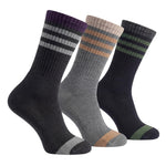 Three pairs of crew socks shown on invisible forms against a plain white background. The left pair is dark charcoal gray with a purple, gray, and black striped cuff and a gray toe.