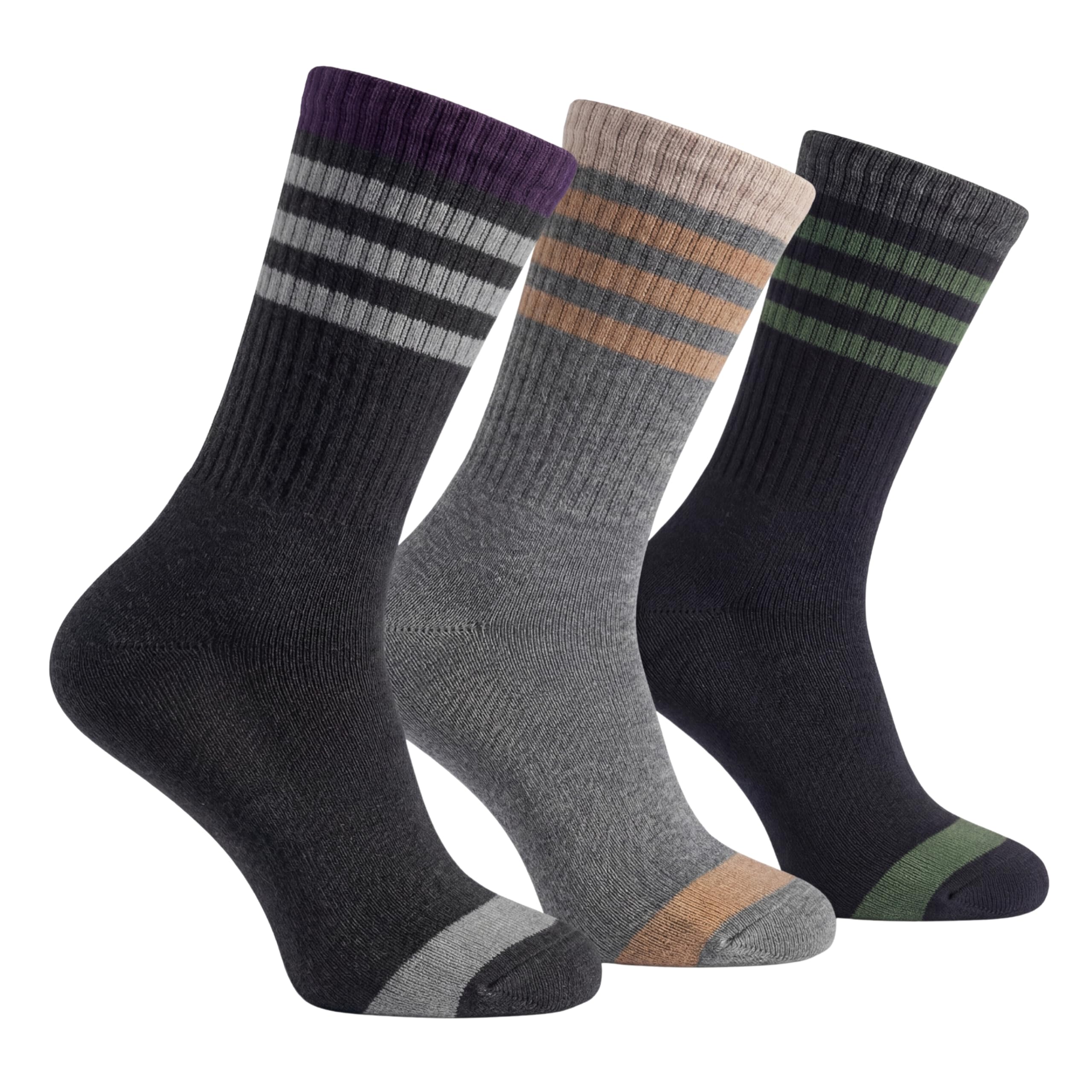 Three pairs of crew socks shown on invisible forms against a plain white background. The left pair is dark charcoal gray with a purple, gray, and black striped cuff and a gray toe.