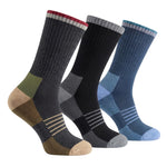 Three pairs of crew socks shown together on a white background: one dark gray with olive green, tan, and red accents; one black with gray and white accents; one blue with light blue and gray accents.