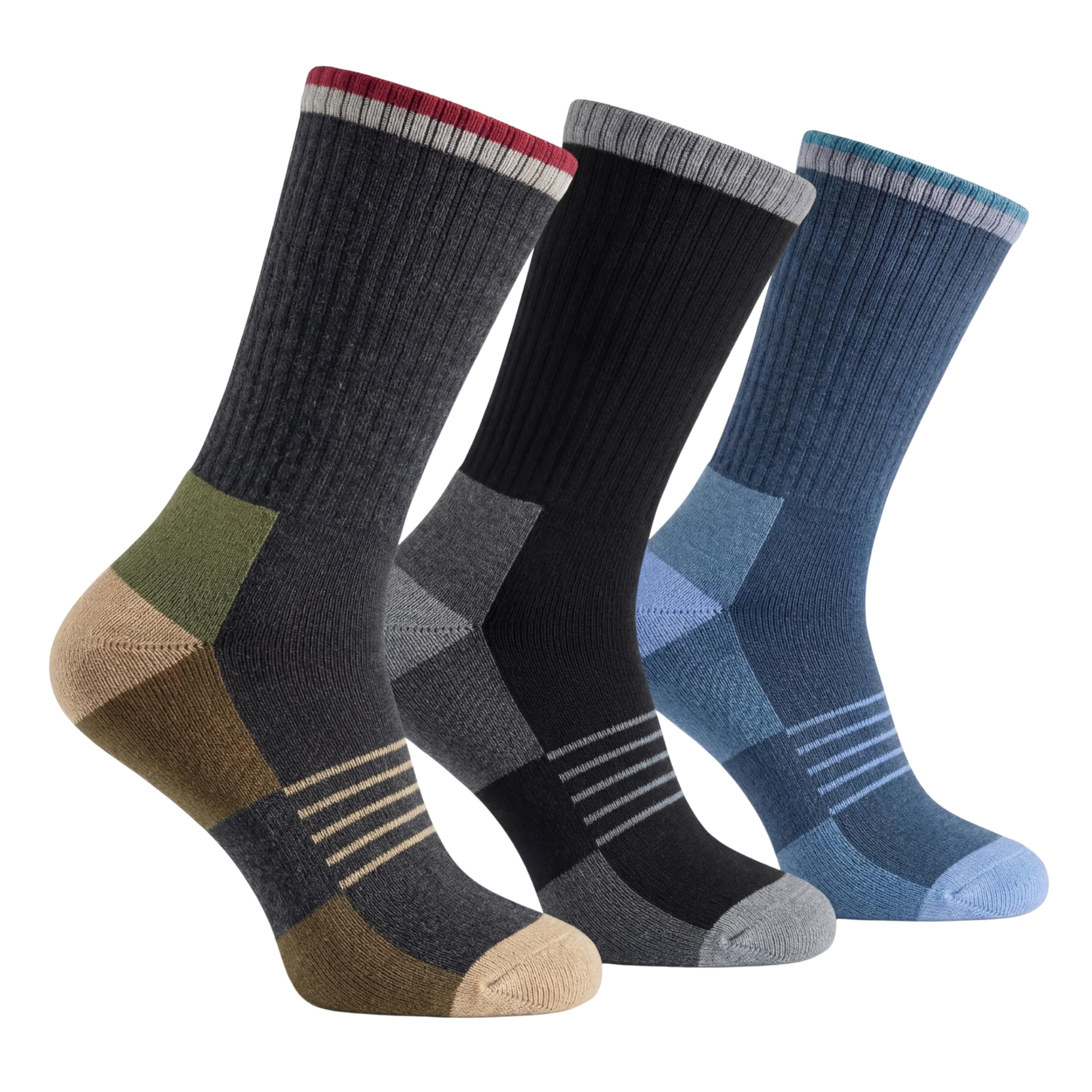 Three pairs of crew socks shown together on a white background: one dark gray with olive green, tan, and red accents; one black with gray and white accents; one blue with light blue and gray accents.