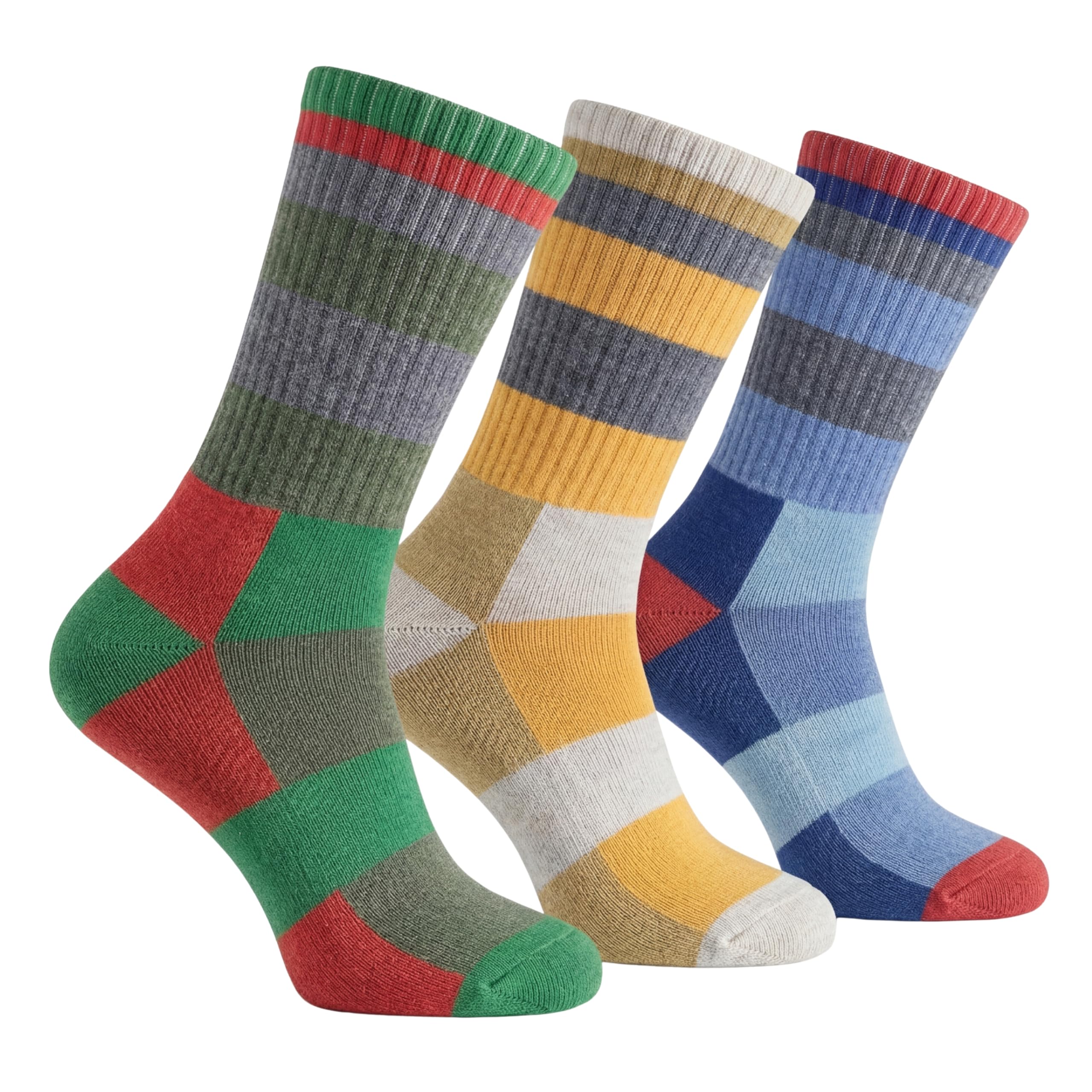 Three pairs of crew socks with colorful geometric stripes, displayed together on a solid white background.