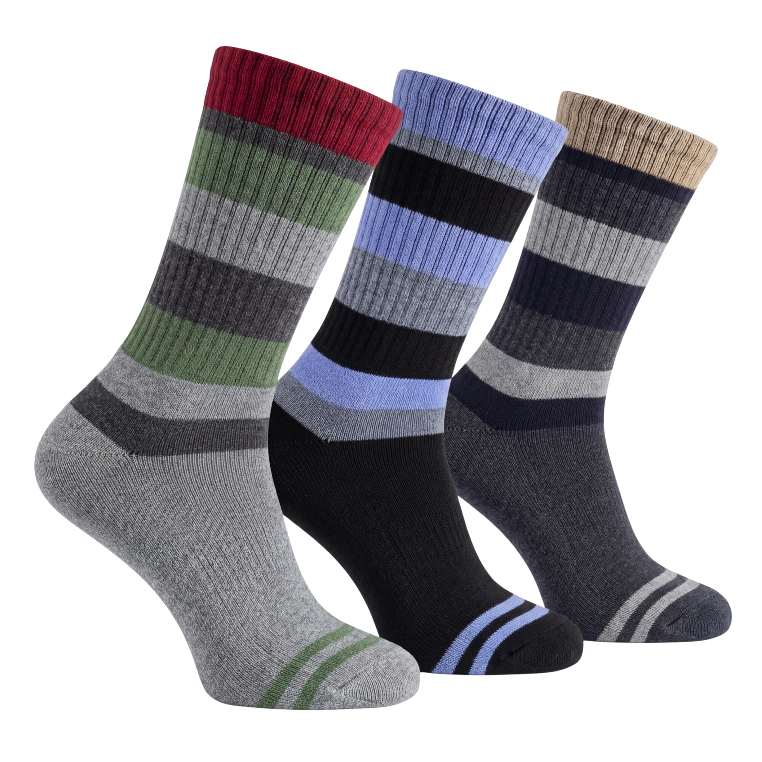 Three pairs of crew socks with horizontal striped patterns, displayed together on a solid white background. The left pair is gray with red, green, and dark gray stripes; the middle pair is black with light blue, dark blue, and light blue stripes; the right pair is dark gray with beige, dark gray, and navy stripes.