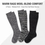 Three pairs of over-the-calf boot socks in a ribbed knit wool-blend, shown on a light gray background with text reading 'WARM RAGG WOOL-BLEND COMFORT' and '3 Pairs - Ribbed Knit - Over-the-Calf Boot Socks.' The socks are in gray, black-and-white marled, and solid black.